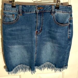 Jean skirt stone wash blue color frayed hemline form fitting spandex fit